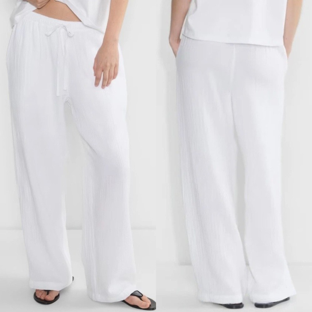 Little Moon Women’s Wide Leg Drawstring Lounge Pants in White